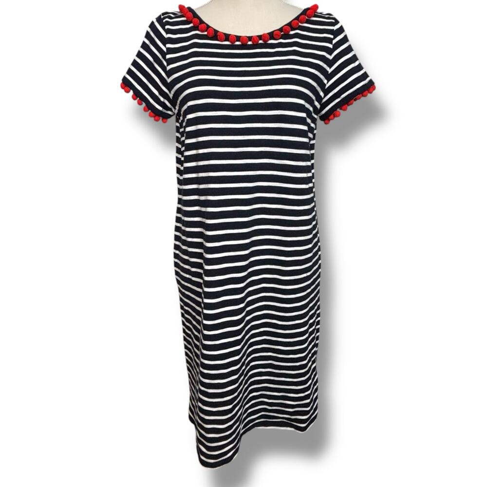 Boden Navy & White Striped Dress with Red Pom Pom Trim Size 12